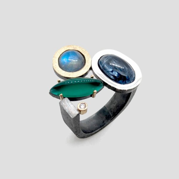 Anell pedra lluna, cianita i crisoprasa